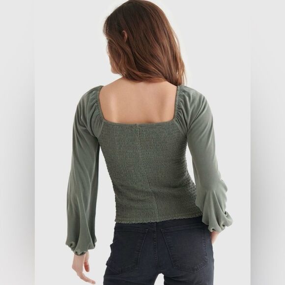 Lucky Brand Womens Size Medium Olive Green Smocked Square Neck Knit Long Sleeve - Picture 2 of 15